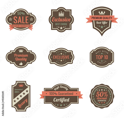 Vector: Vintage Labels set. Shield with ribbon and crown. Retro design Vintage Labels set. Shield with ribbon and crown. Retro design