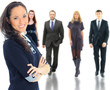 Photo: Face of beautiful woman on the background of business people Face of beautiful woman on the background of business people