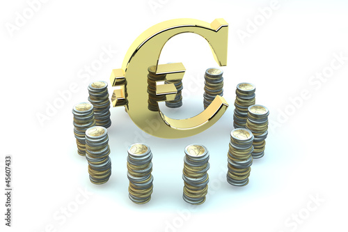 Photo: 3d EURO gold sign in an environment of coins of euro on white ba 3d EURO gold sign in an environment of coins of euro on white ba