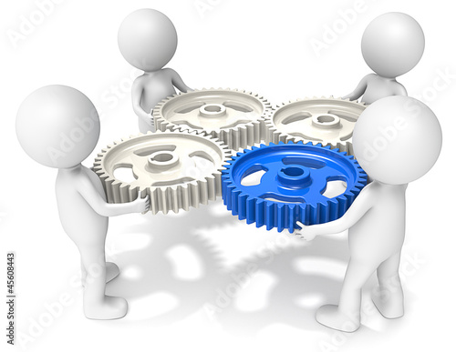 Illustration: Project Management. 3D little human character X4. Cog Wheels. Project Management. 3D little human character X4. Cog Wheels.