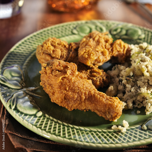 Photo: home cooked fried chicken meal cilantro lime quinoa side dish. home cooked fried chicken meal cilantro lime quinoa side dish.