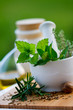Fresh herbs in the mortar