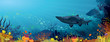 Coral reef with sharks and silhouette of fish