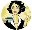 Coffee Lover vector poster with woman and cup of coffee in hand,