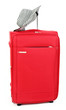 Red suitcase with female sun hat, isolated