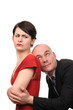 Man apologizes to woman isolated on white background.