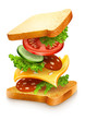 exploded view of sandwich ingredients with cheese, tomatoes,