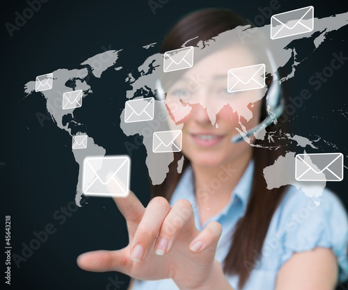 Illustration: Woman touching at a message symbol Woman touching at a message symbol