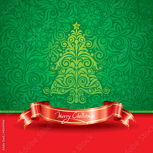 Vector: Christmas tree wallpaper with ribbon banner. Christmas tree wallpaper with ribbon banner.