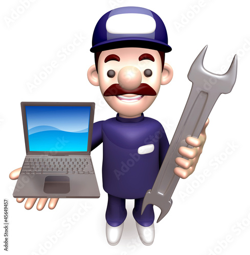 Illustration: The Man Grasp the laptop and spanner. 3D Service Man Character The Man Grasp the laptop and spanner. 3D Service Man Character