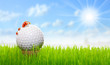 Golf ball on the green with funny ladybugs.