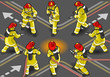 Vector: isometric firefighter extinguisher in eight positions isometric firefighter extinguisher in eight positions