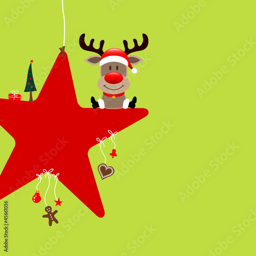 Vector: Sitting Rudolph On Red Star & Symbols Light Green Sitting Rudolph On Red Star & Symbols Light Green