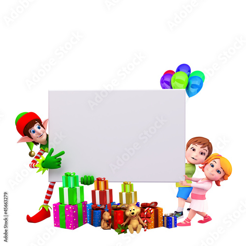 Illustration: elves pointing towards sign elves pointing towards sign