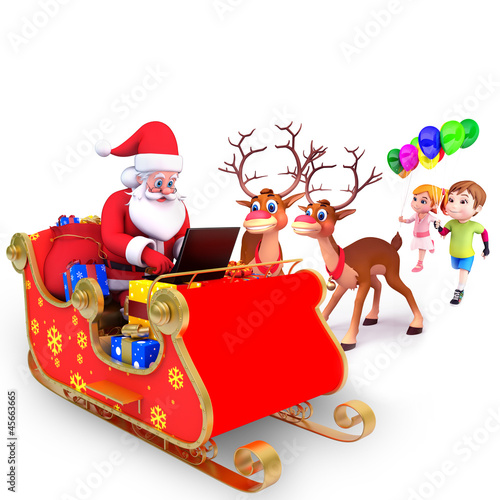 Illustration: santa claus with reindeer and laptop santa claus with reindeer and laptop