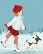 Little girl skating accompanied by her dog