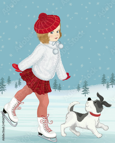 Vector: Little girl skating accompanied by her dog Little girl skating accompanied by her dog