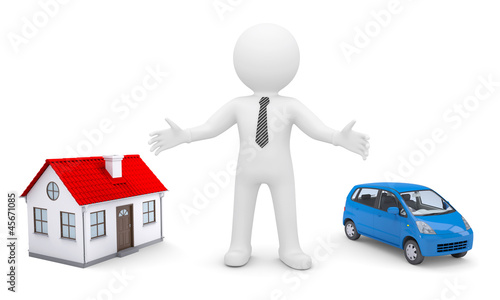 Illustration: White man indicates his hands on the house and car White man indicates his hands on the house and car