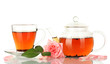 teapot and cup of tea with rose isolated on white