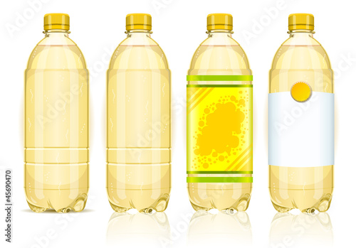 Vector: Four yellow plastic bottles with labels Four yellow plastic bottles with labels