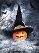 Halloween poster with pumpkin in witch hat