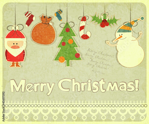Vector: Old Christmas postcard with Christmas-tree decorations Old Christmas postcard with Christmas-tree decorations