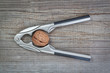 Nutcracker and walnuts on wooden texture coating.