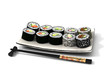 Illustration: Japanese seafood sushi , roll and chopstick on a white plate Japanese seafood sushi , roll and chopstick on a white plate