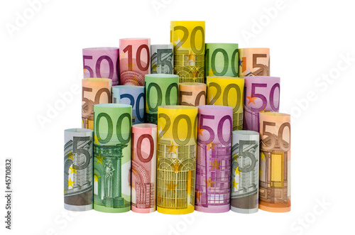 Photo: Gerollte Euro-Geldscheine auf weißem Hintergrund Gerollte Euro-Geldscheine auf weißem Hintergrund