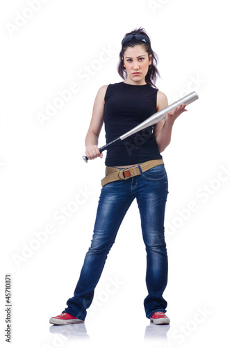 Photo: Woman criminal with bat on white Woman criminal with bat on white
