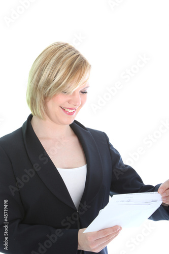 Photo: Smiling business woman receiving good news Smiling business woman receiving good news