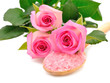 Roses and sea salt on white background