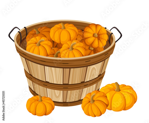 Vector: Wooden basket with pumpkins. Vector illustration. Wooden basket with pumpkins. Vector illustration.