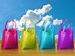 Shopping bag on wooden table with nice sky