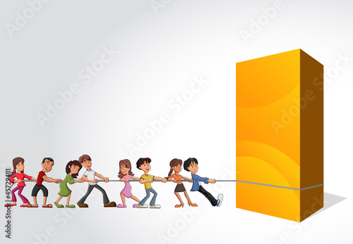 Vector: Group of children pulling a big yellow box Group of children pulling a big yellow box
