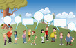 Cartoon people talking with speech balloon icons on green park