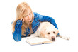 Foto: girl reading a book with Labrador retriever on isolated white girl reading a book with Labrador retriever on isolated white