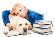 Foto: girl reading a book with Labrador retriever on isolated white girl reading a book with Labrador retriever on isolated white