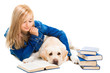 girl reading a book with Labrador retriever on isolated white