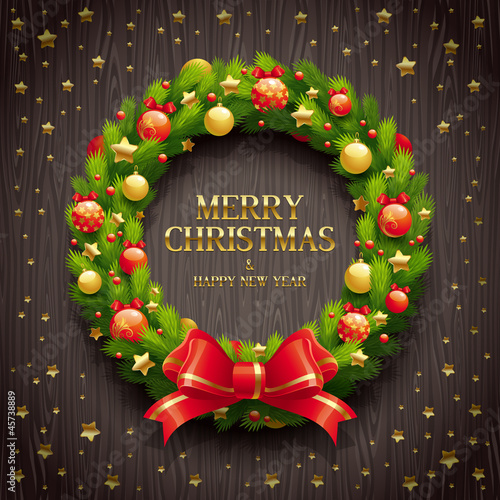 Vector: Vector Christmas wreath on a wooden background Vector Christmas wreath on a wooden background