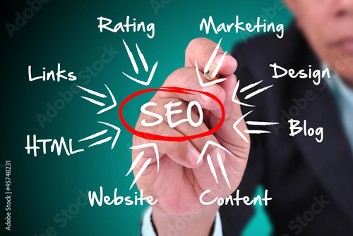 Photo: Businessman writing about SEO Businessman writing about SEO