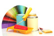 tin cans with paint, roller, brushes and bright palette of