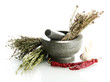 dried herbs in mortar and vegetables, isolatrd on white