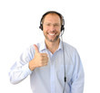 Portrait of phone operator showing thumb up isolated on white ba