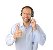 Portrait of phone operator showing thumb up isolated on white ba