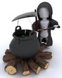 grim reaper with cauldron of eyeballs on log fire