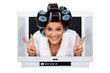 Woman with curlers peering TV screen