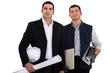 a construction manager and a  worker with a tile cutter