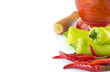 Sweet green chili and red hot chili  with wooden mortar