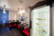 Sushi Restaurant with chairs and refrigerator with cakes, indoor